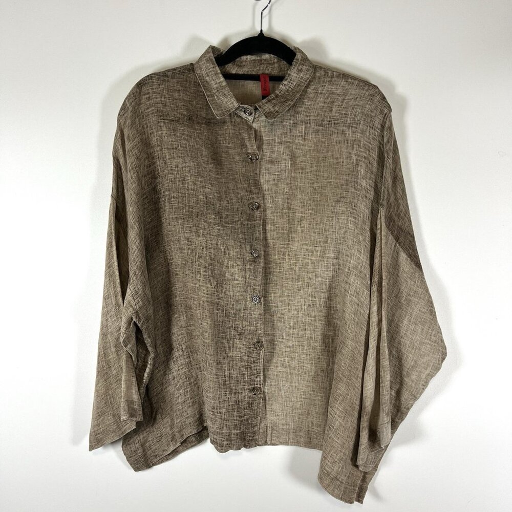 Blanque Size 1 Medium Brown Linen‎ Long Sleeve Oversized Top Button Lagenlook